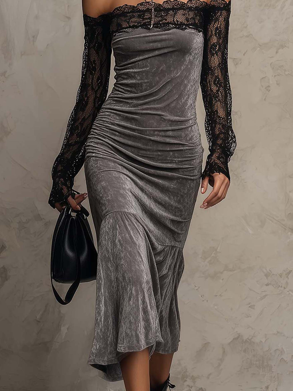 Grey Velvet Off-Shoulder Bodycon Midi Dress with Sheer Lace Sleeves
