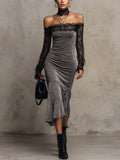 Grey Velvet Off-Shoulder Bodycon Midi Dress with Sheer Lace Sleeves