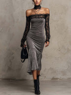 Grey Velvet Off-Shoulder Bodycon Midi Dress with Sheer Lace Sleeves