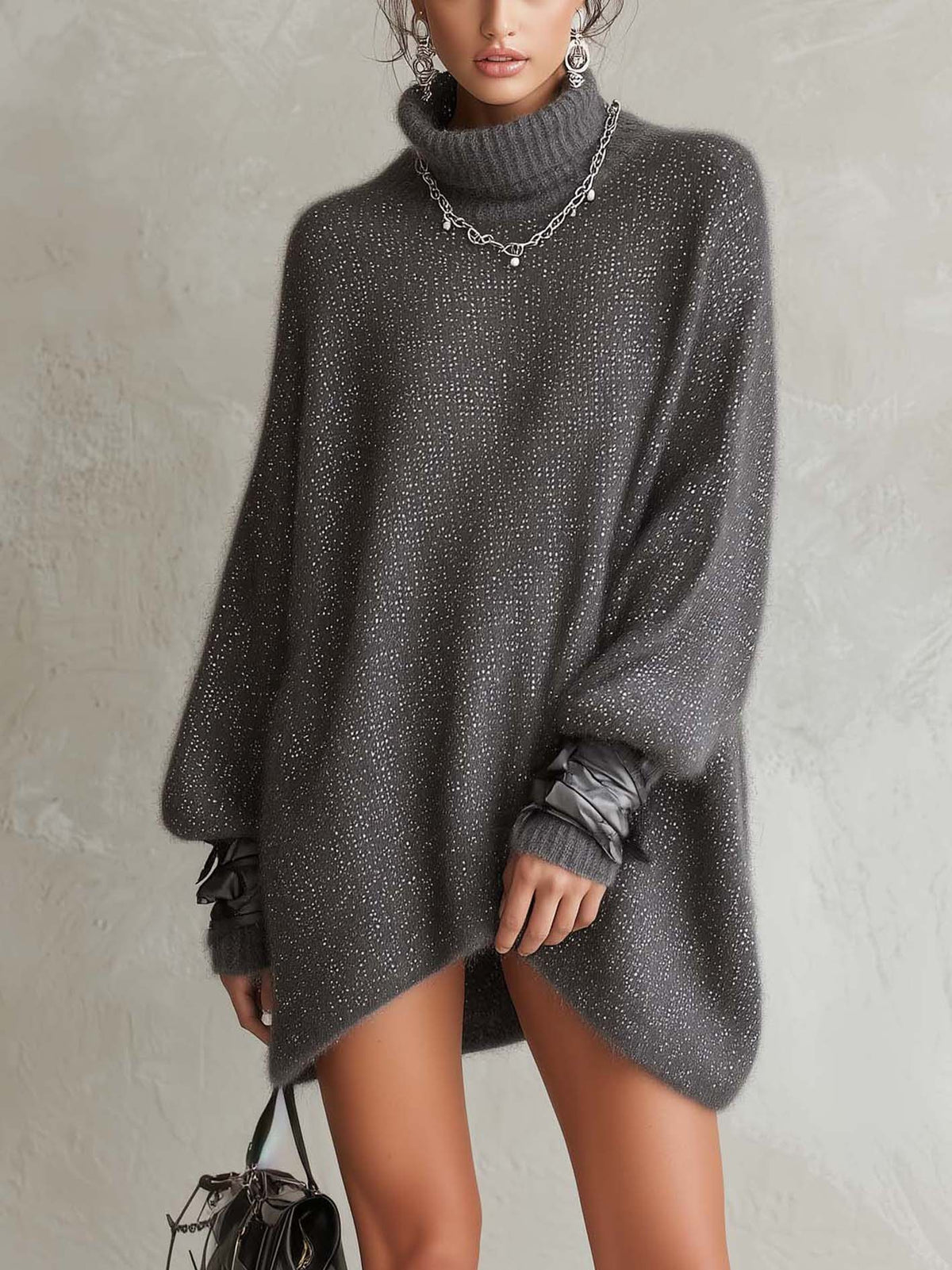 Charcoal Grey Shimmer Fuzzy Knit Mini Jumper Dress with Ribbon-Tie Cuffs
