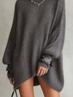 Charcoal Grey Shimmer Fuzzy Knit Mini Jumper Dress with Ribbon-Tie Cuffs