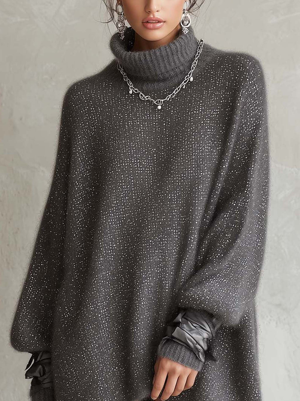 Charcoal Grey Shimmer Fuzzy Knit Mini Jumper Dress with Ribbon-Tie Cuffs