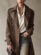 Leopard Print Faux Suede Trench Coat with Double-Breasted Buttons