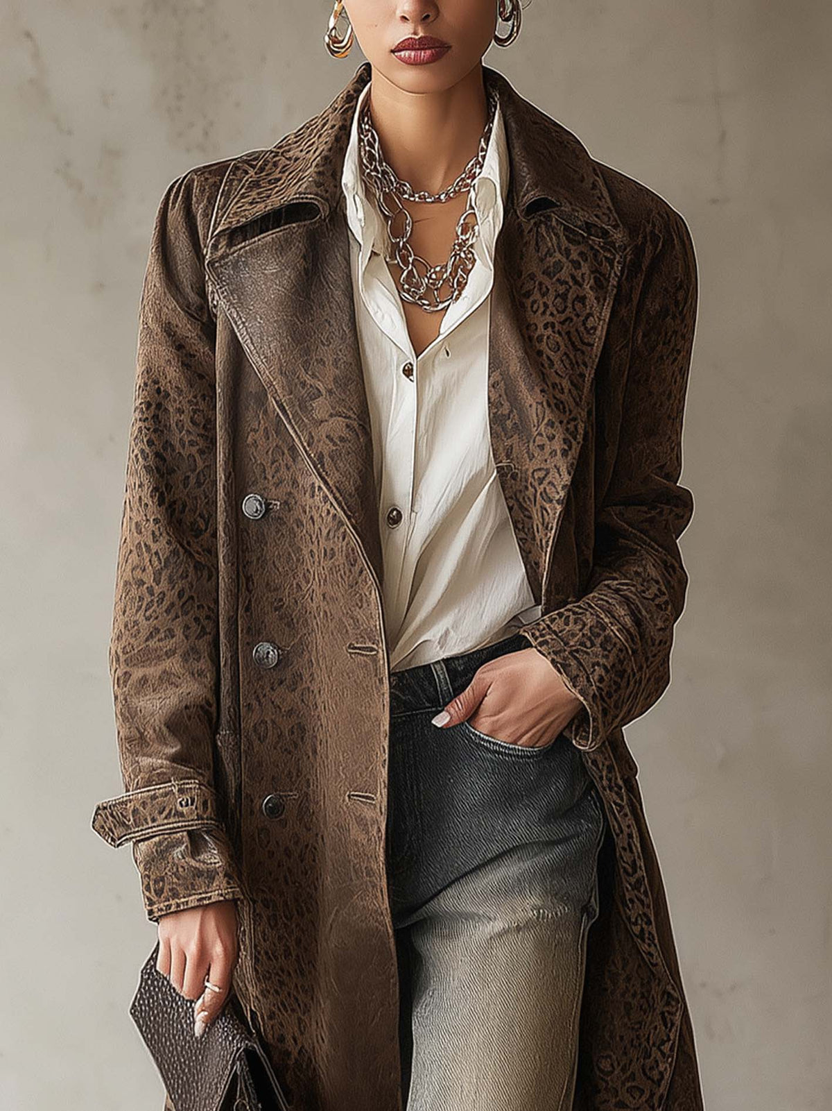 Leopard Print Faux Suede Trench Coat with Double-Breasted Buttons