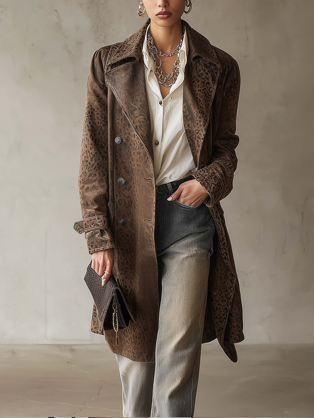 Leopard Print Faux Suede Trench Coat with Double-Breasted Buttons