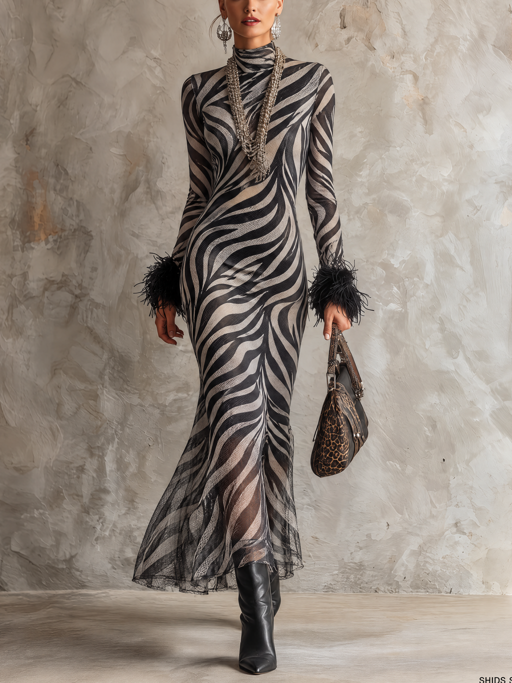 Black and Ivory Zebra Print Long-Sleeve Maxi Dress