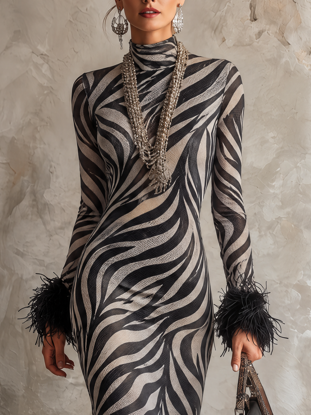 Black and Ivory Zebra Print Long-Sleeve Maxi Dress