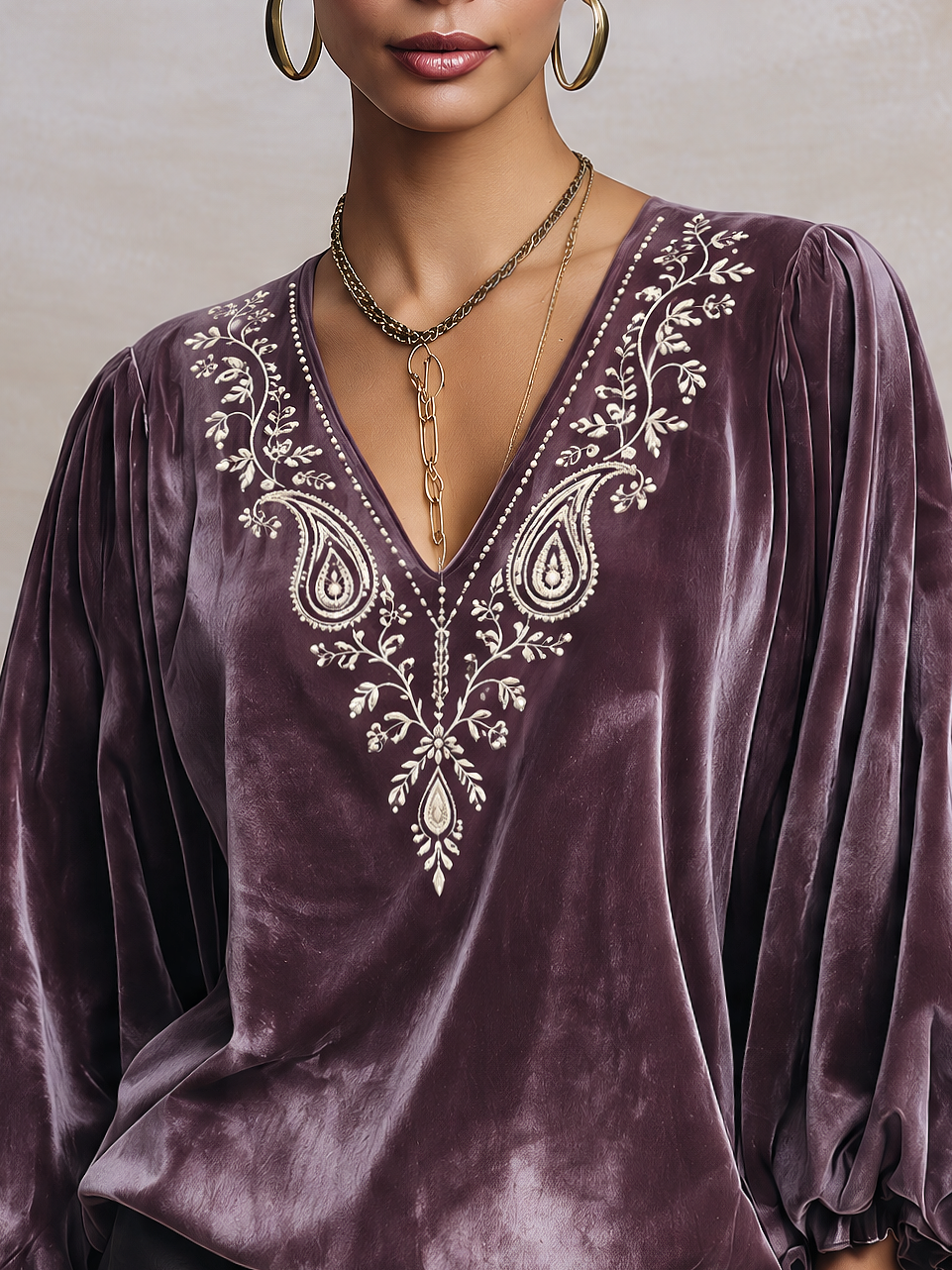 Plum Velvet Boho Blouse with Embroidered V-Neck and Bishop Sleeves