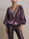 Plum Velvet Boho Blouse with Embroidered V-Neck and Bishop Sleeves