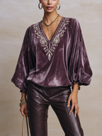 Plum Velvet Boho Blouse with Embroidered V-Neck and Bishop Sleeves