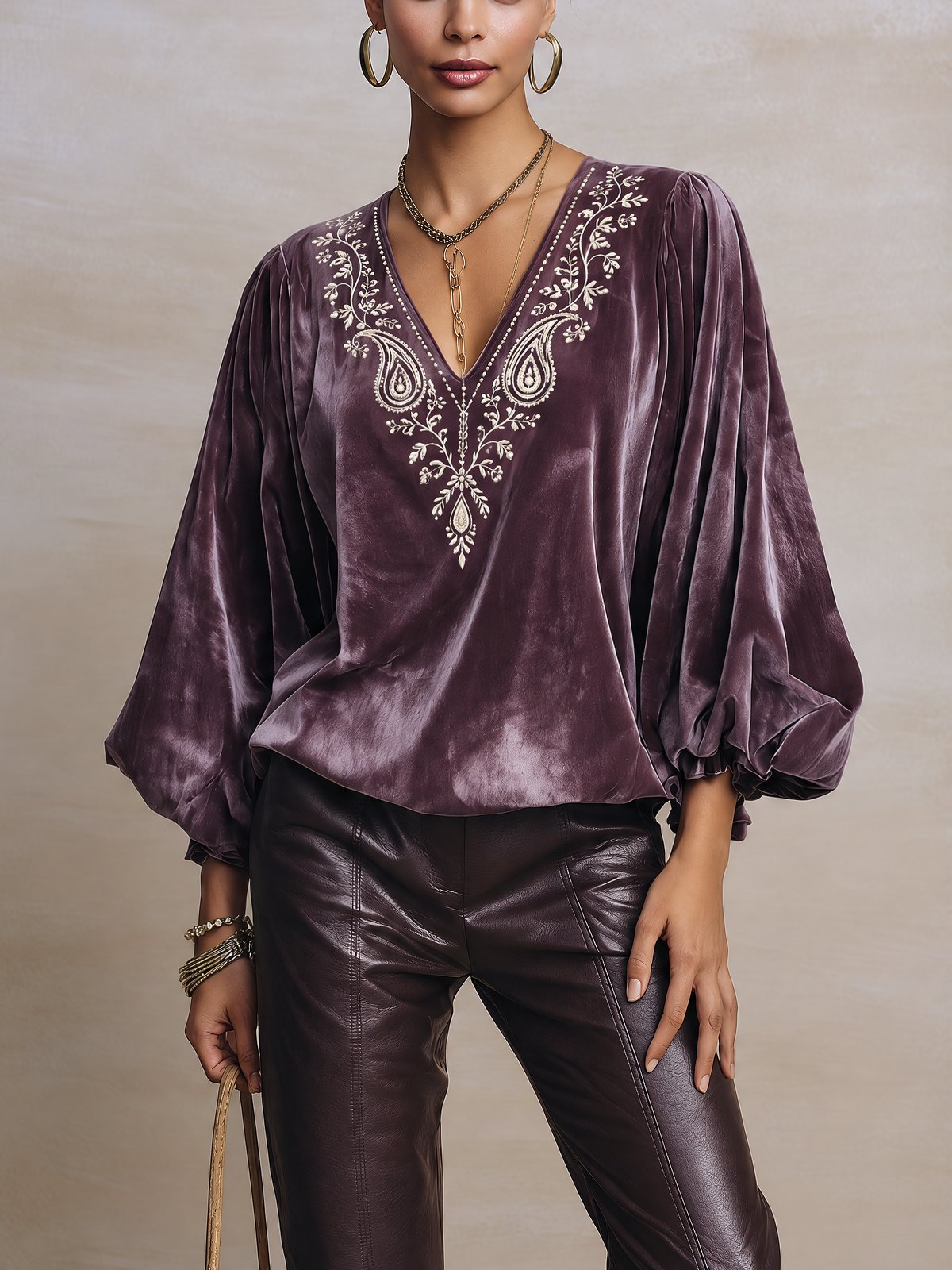 Plum Velvet Boho Blouse with Embroidered V-Neck and Bishop Sleeves