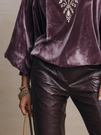Plum Velvet Boho Blouse with Embroidered V-Neck and Bishop Sleeves