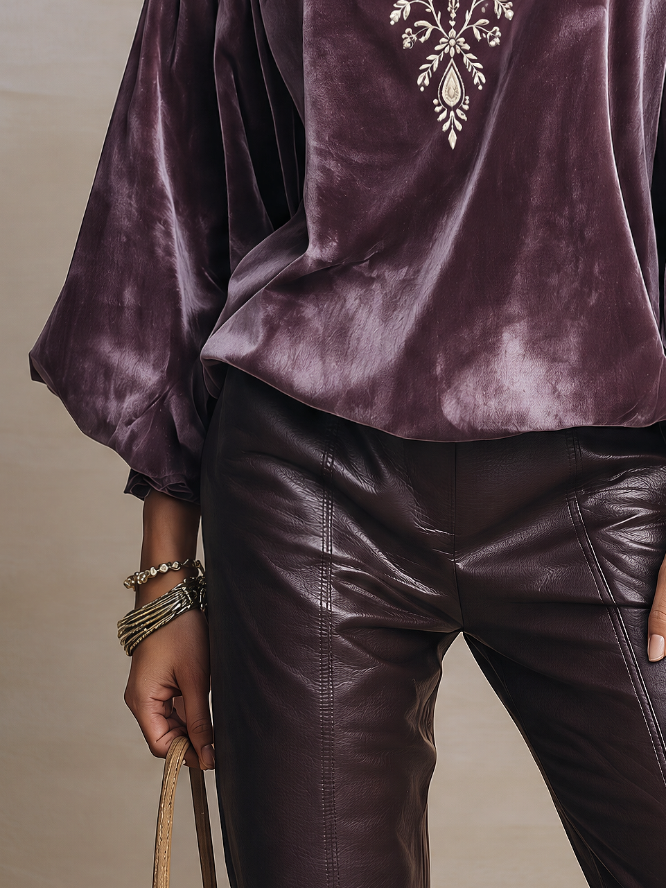 Plum Velvet Boho Blouse with Embroidered V-Neck and Bishop Sleeves