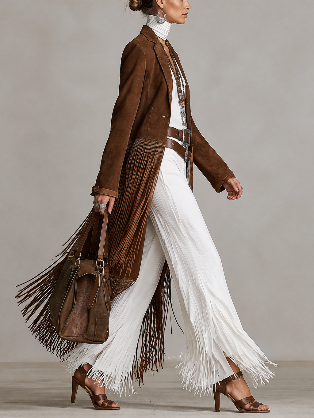 Brown Faux Suede Lapel Fringe Long Coat
