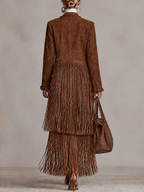 Brown Faux Suede Lapel Fringe Long Coat