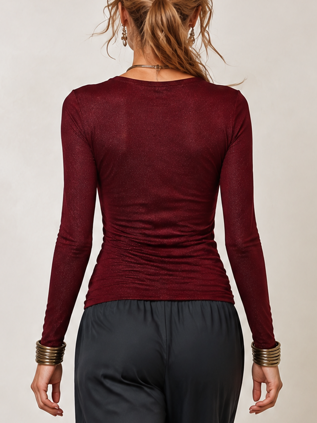 Burgundy Shimmer Cowl Neck Long Sleeve Top
