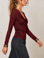 Burgundy Shimmer Cowl Neck Long Sleeve Top