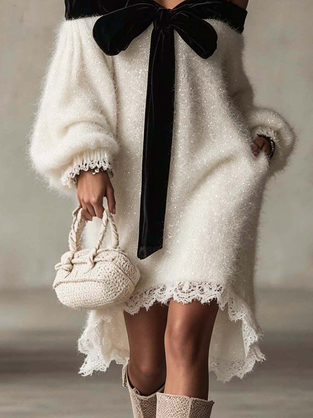 Ivory Shimmer Fuzzy Knit Off-Shoulder Mini Dress with Black Velvet Bow