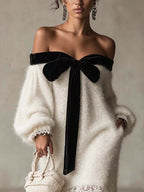 Ivory Shimmer Fuzzy Knit Off-Shoulder Mini Dress with Black Velvet Bow