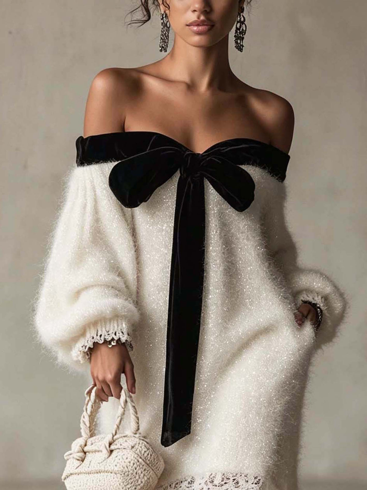 Ivory Shimmer Fuzzy Knit Off-Shoulder Mini Dress with Black Velvet Bow