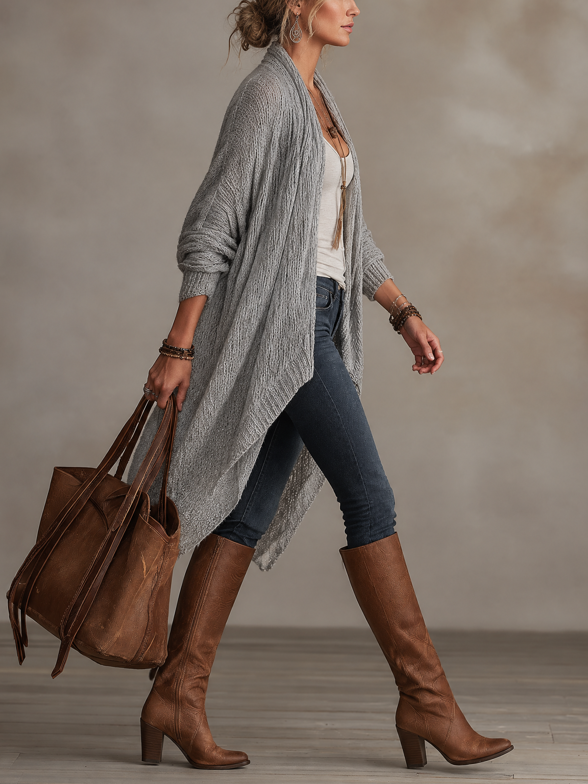Light Grey Chunky Knit Waterfall Open Front Long Cardigan
