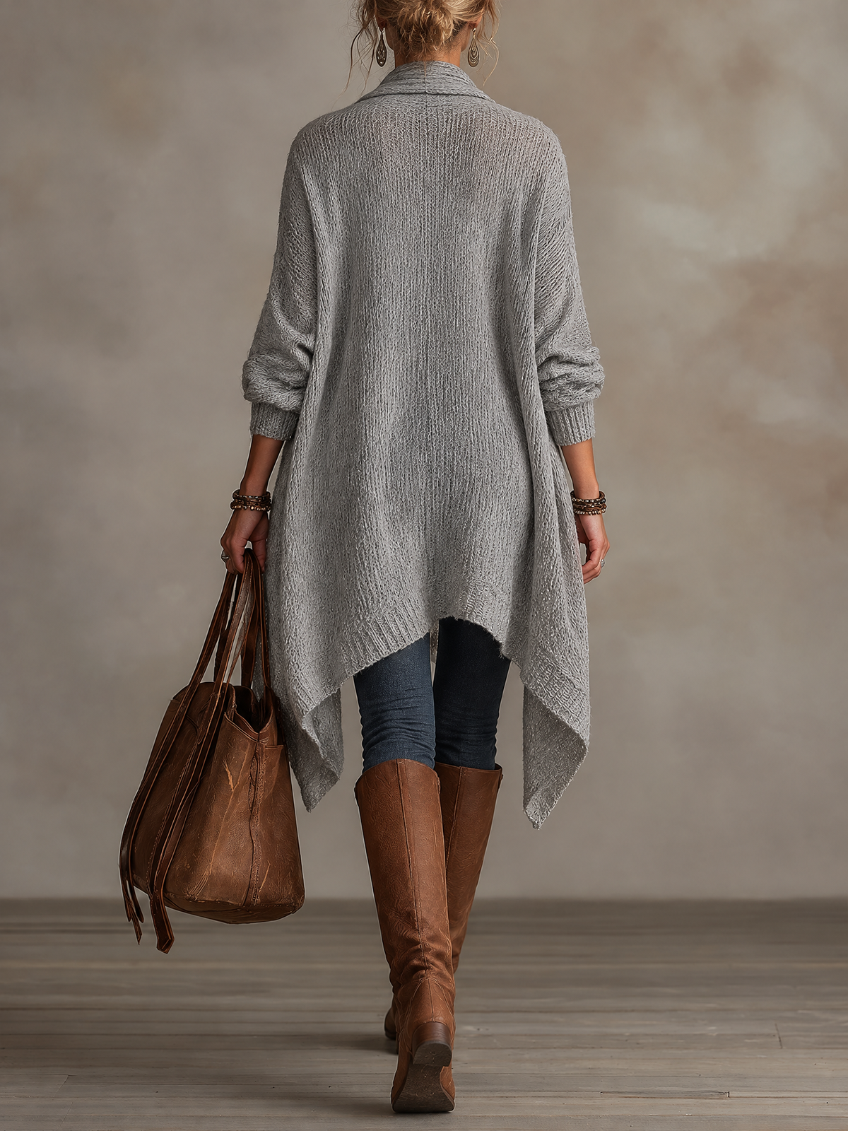 Light Grey Chunky Knit Waterfall Open Front Long Cardigan