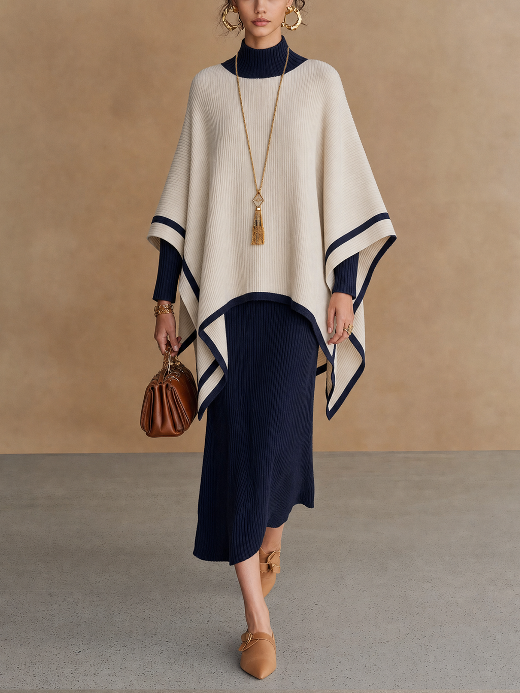 Navy and Cream Roll Neck Knit Poncho Overlay Midi Dress