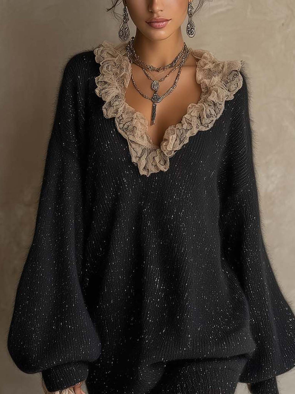Black Shimmer Mohair Knit Mini Dress with Contrasting Ruffled Lace V-Neckline