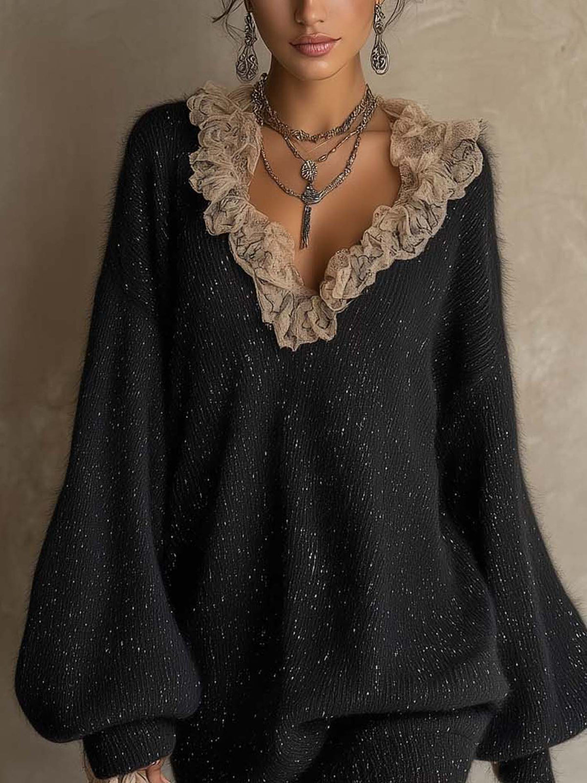 Black Shimmer Mohair Knit Mini Dress with Contrasting Ruffled Lace V-Neckline