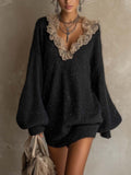 Black Shimmer Mohair Knit Mini Dress with Contrasting Ruffled Lace V-Neckline