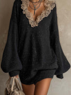 Black Shimmer Mohair Knit Mini Dress with Contrasting Ruffled Lace V-Neckline