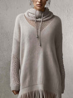 Taupe Openwork Knit Mini Jumper Dress with Fringe Hem