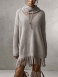 Taupe Openwork Knit Mini Jumper Dress with Fringe Hem
