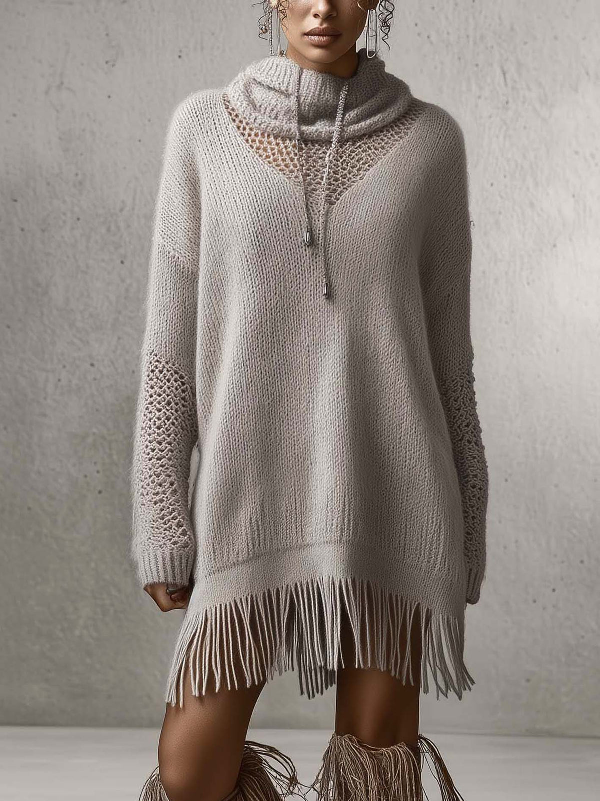 Taupe Openwork Knit Mini Jumper Dress with Fringe Hem