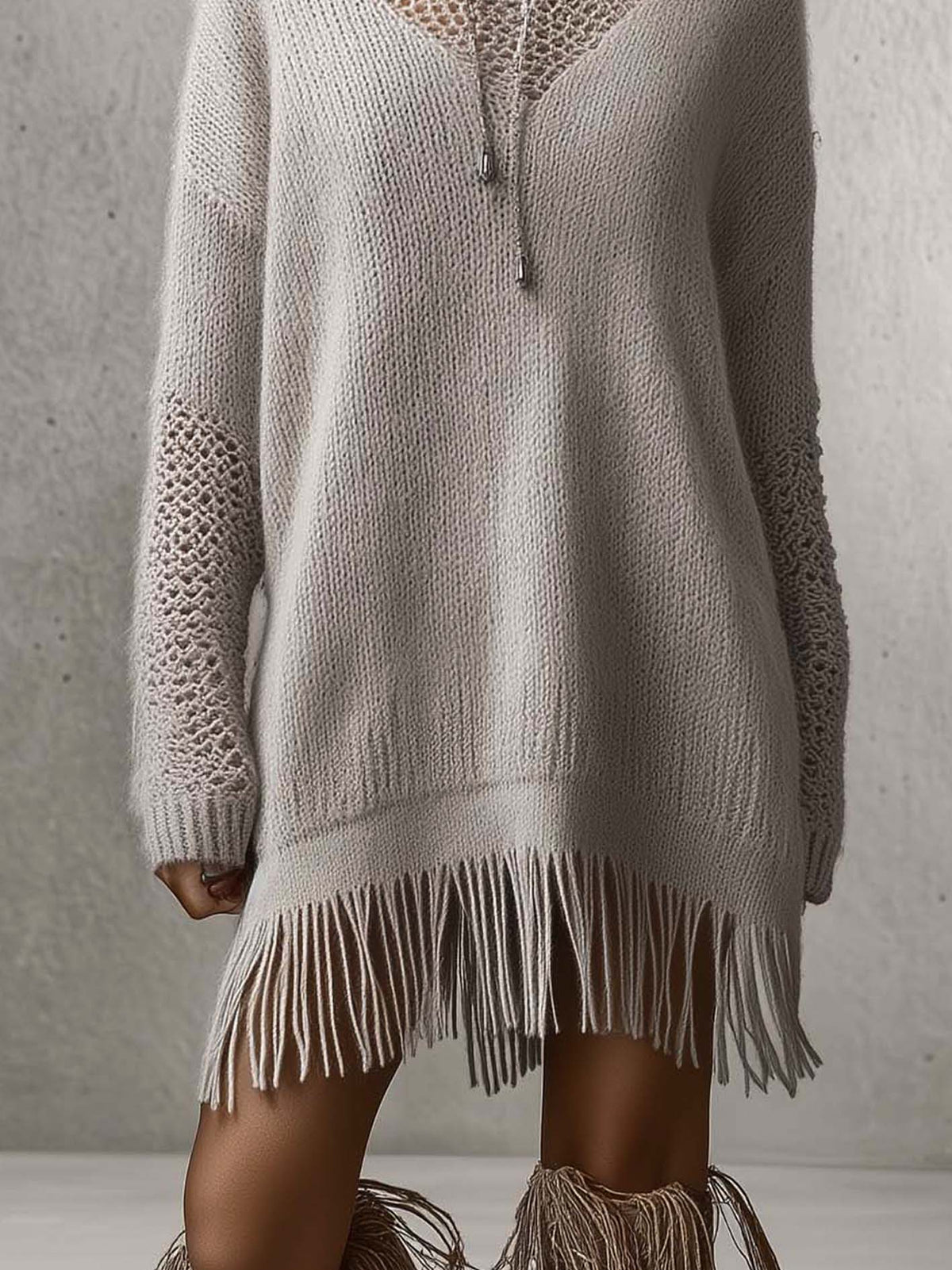 Taupe Openwork Knit Mini Jumper Dress with Fringe Hem