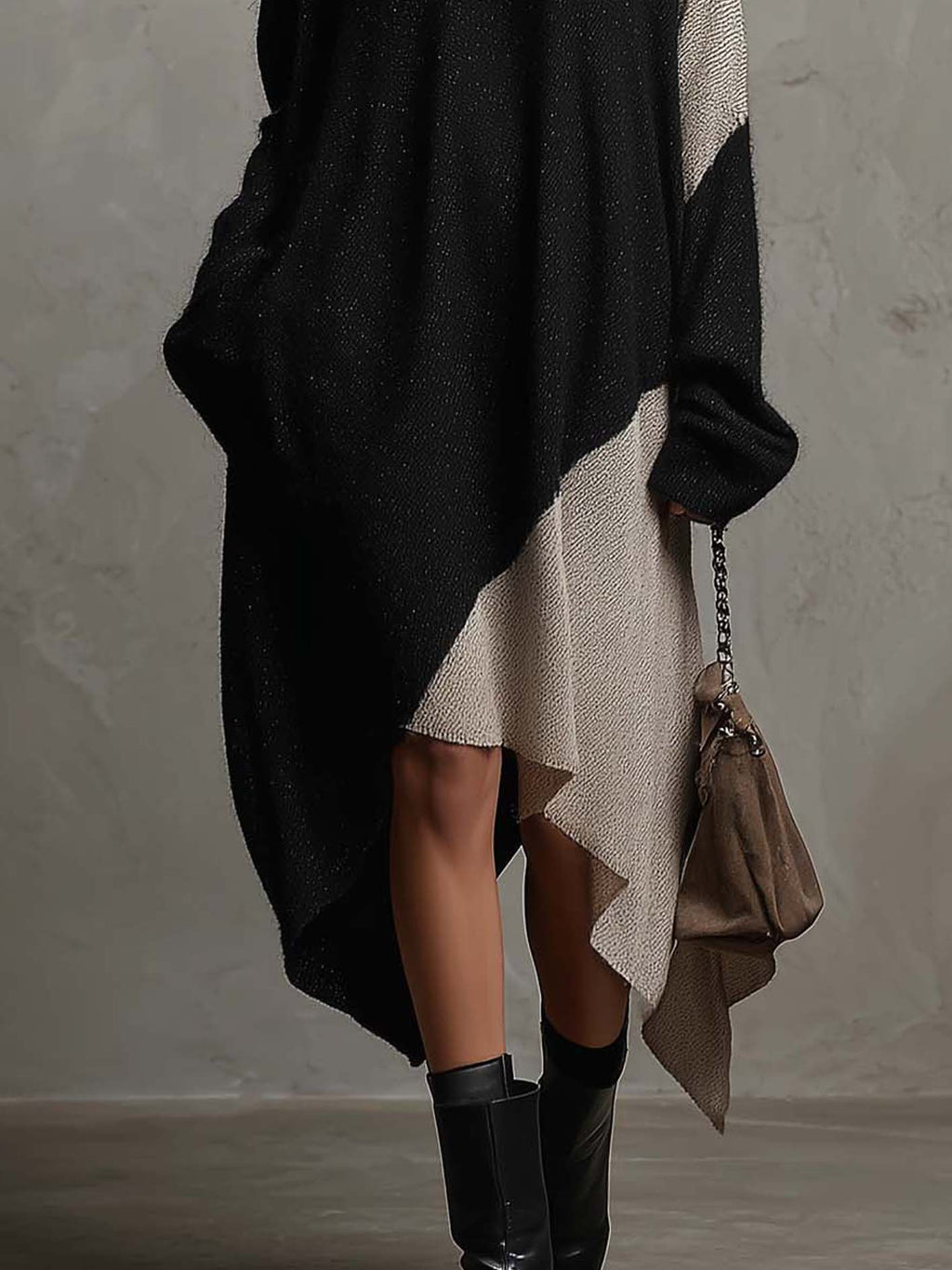 Black and Beige Colour-block Knit Midi Dress with Asymmetrical Handkerchief Hem