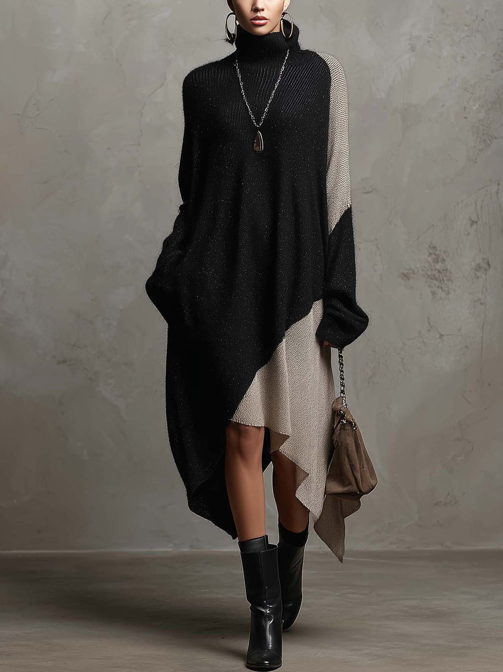 Black and Beige Colour-block Knit Midi Dress with Asymmetrical Handkerchief Hem