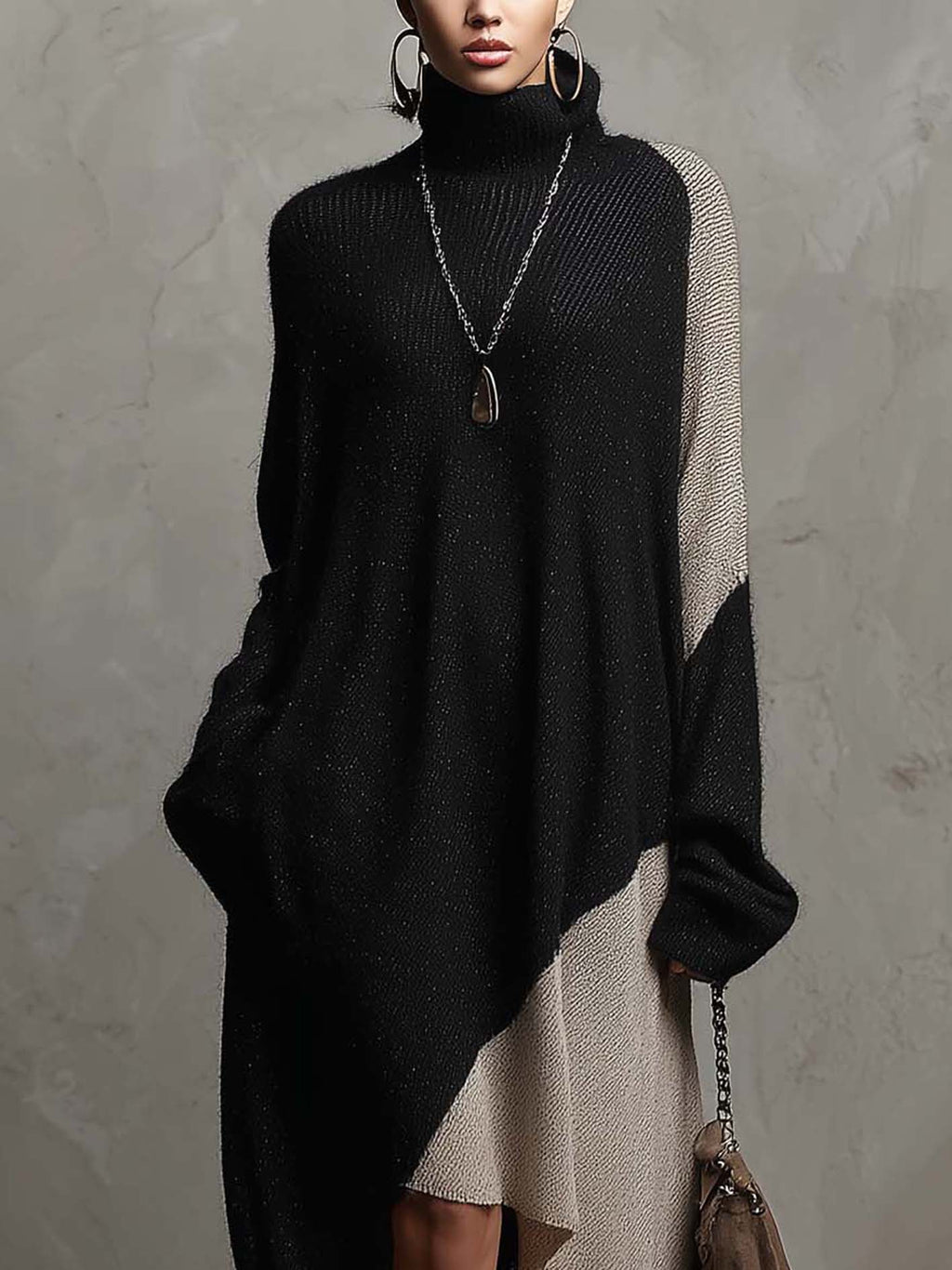 Black and Beige Colour-block Knit Midi Dress with Asymmetrical Handkerchief Hem