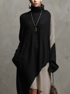 Black and Beige Colour-block Knit Midi Dress with Asymmetrical Handkerchief Hem