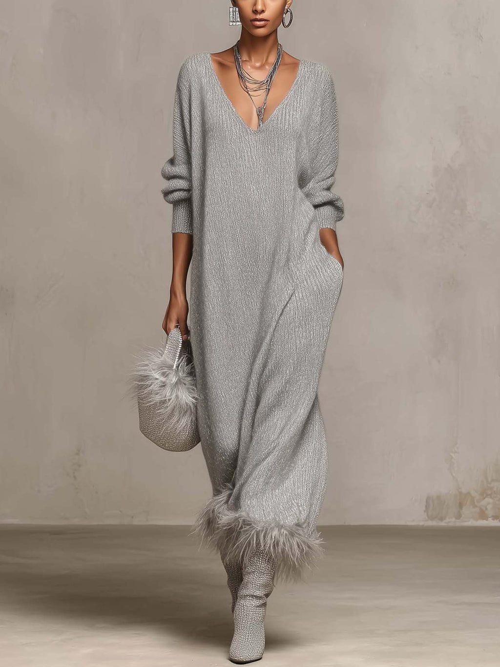 Silver Grey Shimmer Knit Maxi Dress with Faux Feather Trim Hem