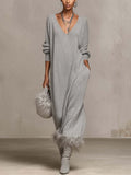 Silver Grey Shimmer Knit Maxi Dress with Faux Feather Trim Hem