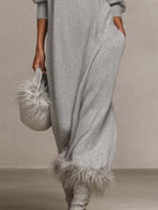 Silver Grey Shimmer Knit Maxi Dress with Faux Feather Trim Hem