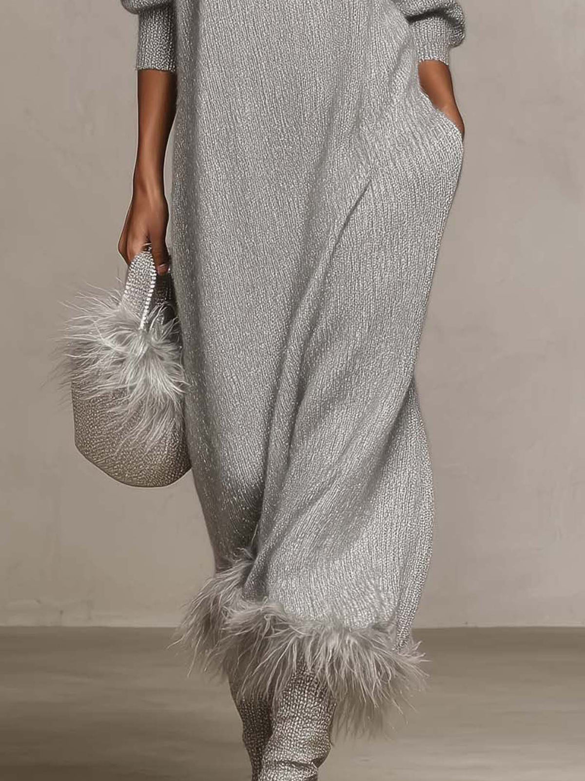 Silver Grey Shimmer Knit Maxi Dress with Faux Feather Trim Hem