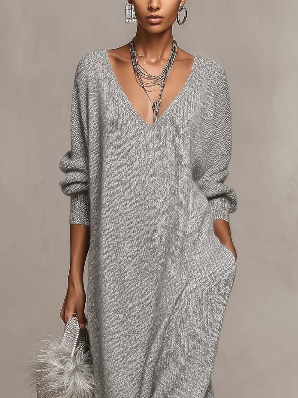 Silver Grey Shimmer Knit Maxi Dress with Faux Feather Trim Hem