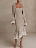 Oatmeal Beige Ribbed Knit Bodycon Midi Dress and Cropped Cardigan Set with Lace Trim