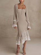 Oatmeal Beige Ribbed Knit Bodycon Midi Dress and Cropped Cardigan Set with Lace Trim