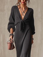 Deep Charcoal Textured Knit Maxi Dress with Front Tie Waist