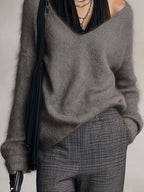 Charcoal Grey Fuzzy Knit Jumper with Black Chiffon Halter Neck Detail