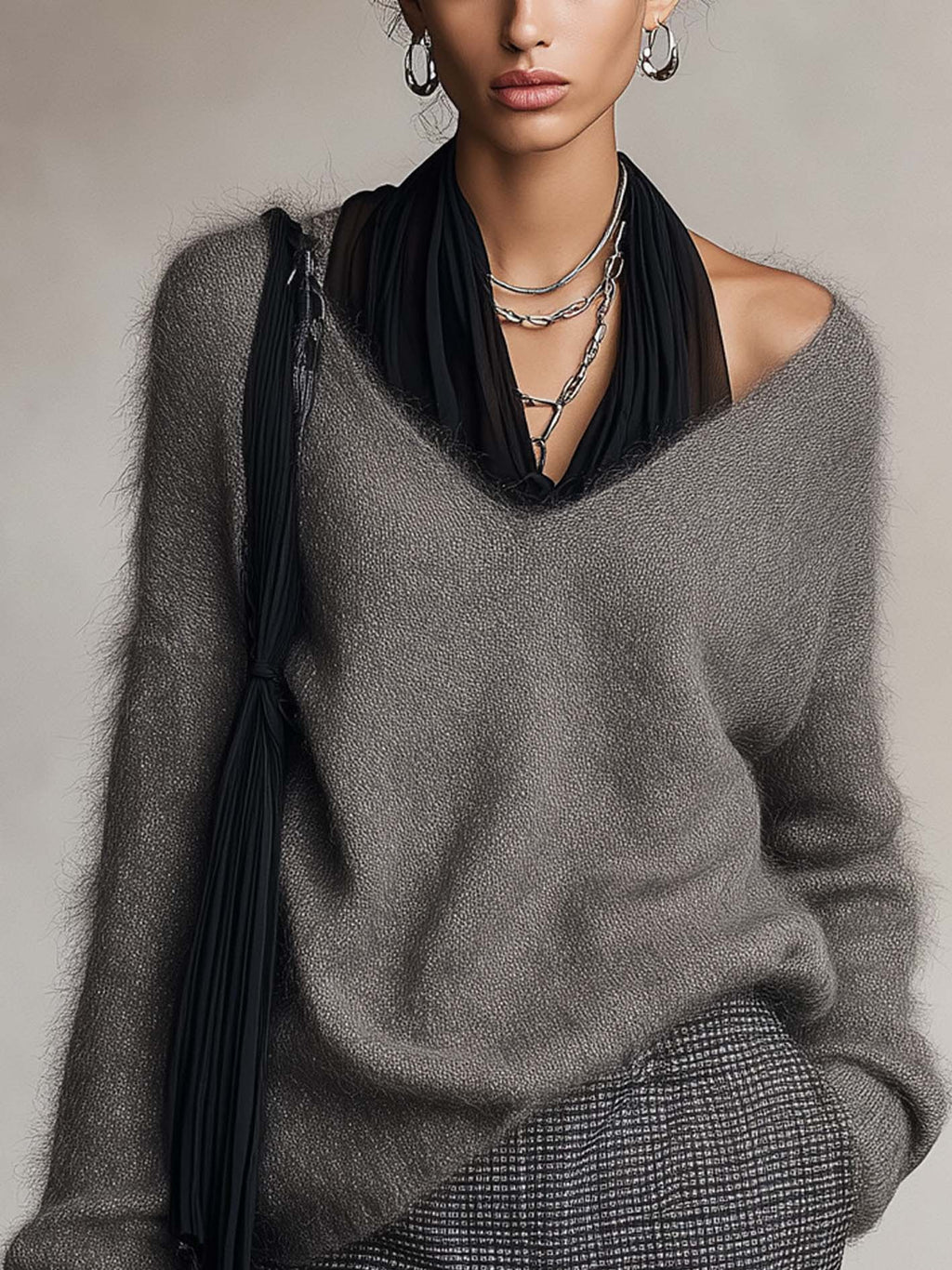 Charcoal Grey Fuzzy Knit Jumper with Black Chiffon Halter Neck Detail