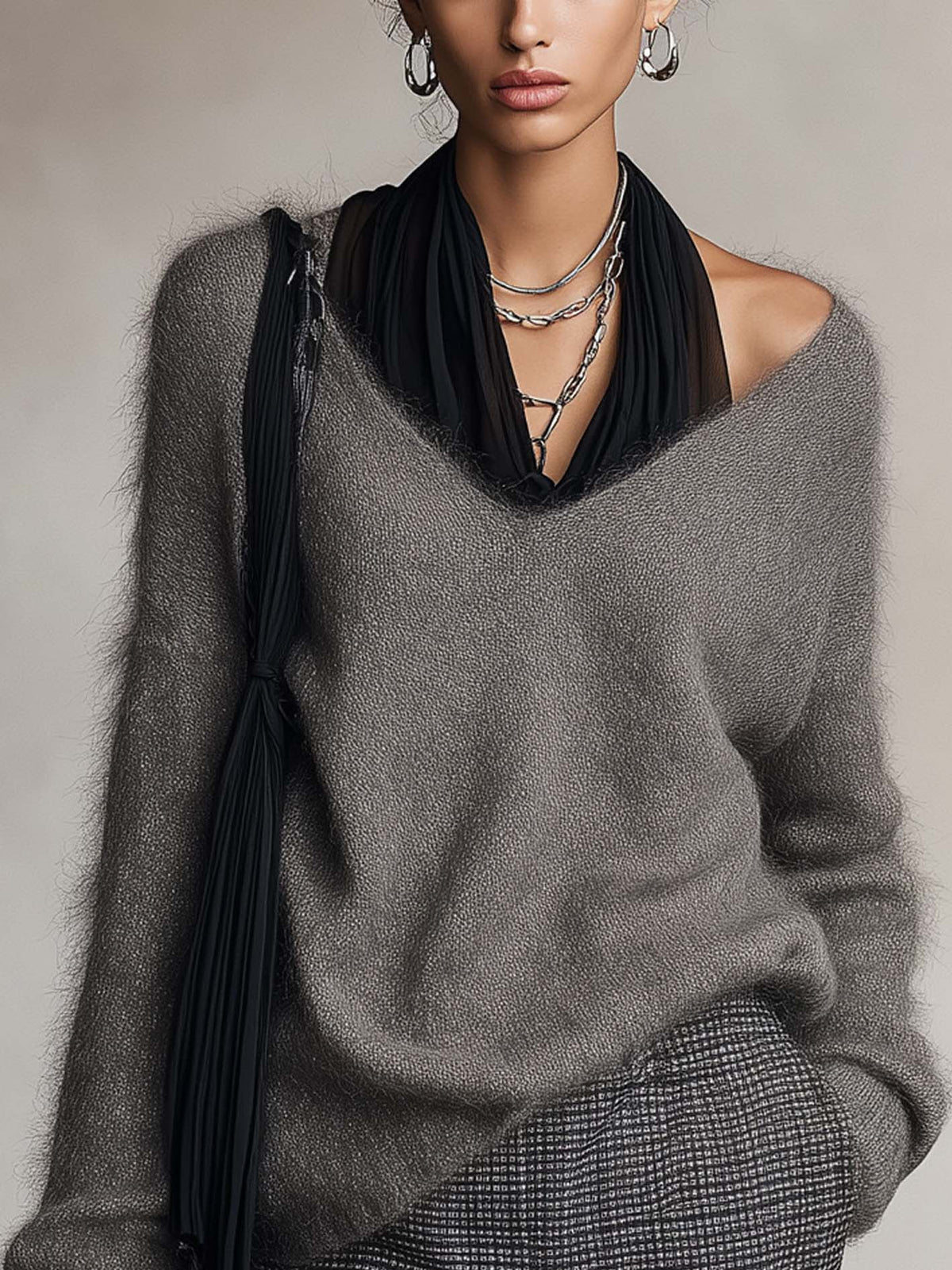 Charcoal Grey Fuzzy Knit Jumper with Black Chiffon Halter Neck Detail